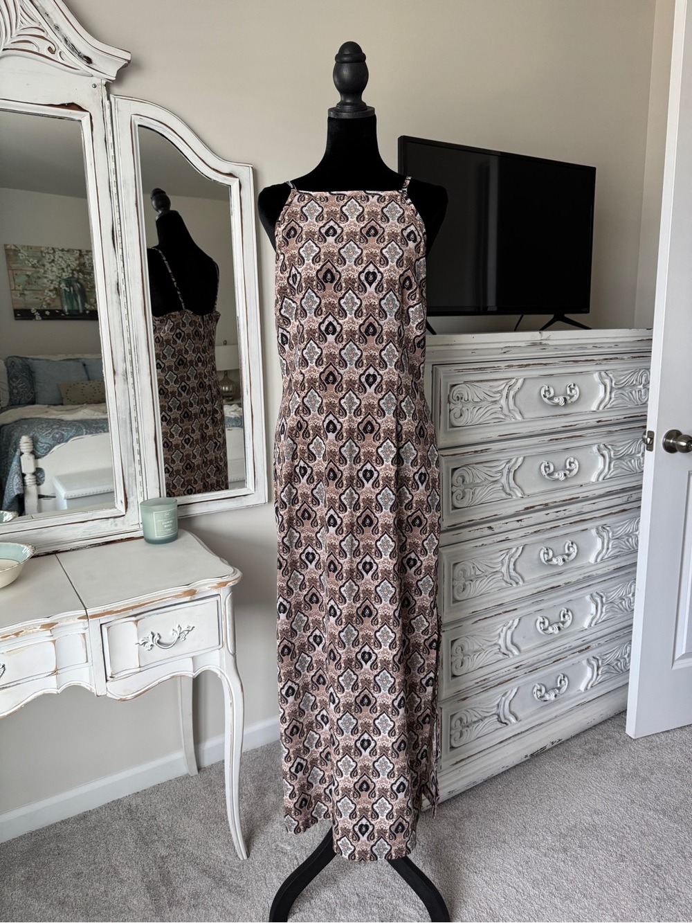 Vintage 90’s La Belle Brown and Cream Geometric Print Maxi Dress